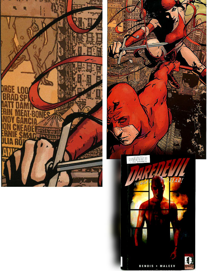 Daredevil and Elektra swing past a billboard for Ocean's Twelve